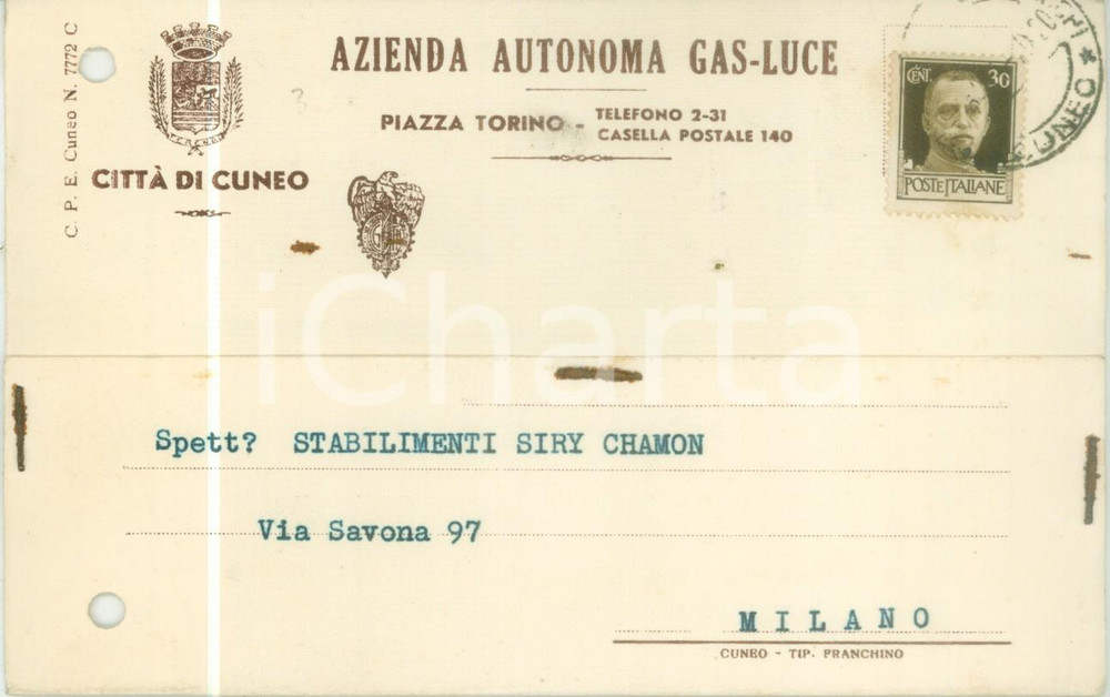 Cartolina originale da collezione 1941 CUNEO Azienda Autonoma Gas Luce Cartolina commerciale FG VG 1