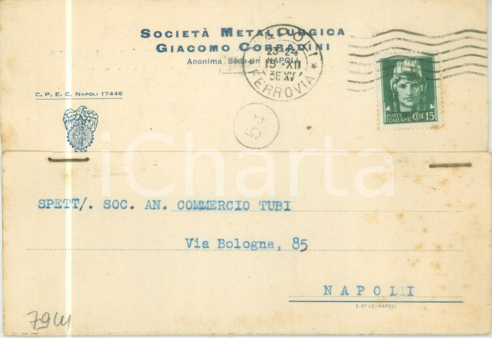 Cartolina originale da collezione 1936 NAPOLI SocietÃ  Metallurgica Giacomo CORRADINI Cartolina commerciale FG VG 1