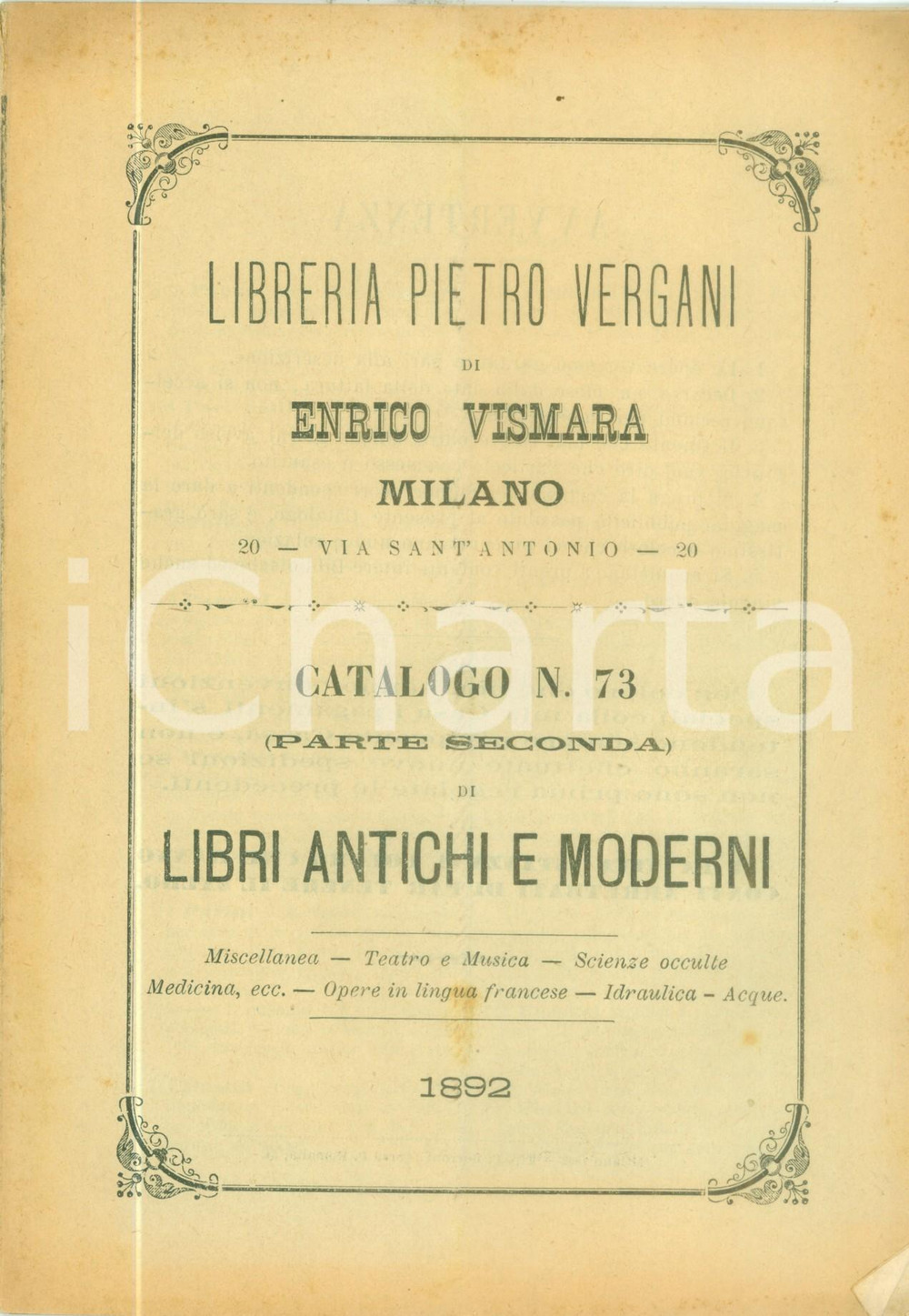 Libro, pubblicazione d epoca 1892 TORINO Libreria Pietro VERGANI Catalogo 73 Libri antichi e moderni 1