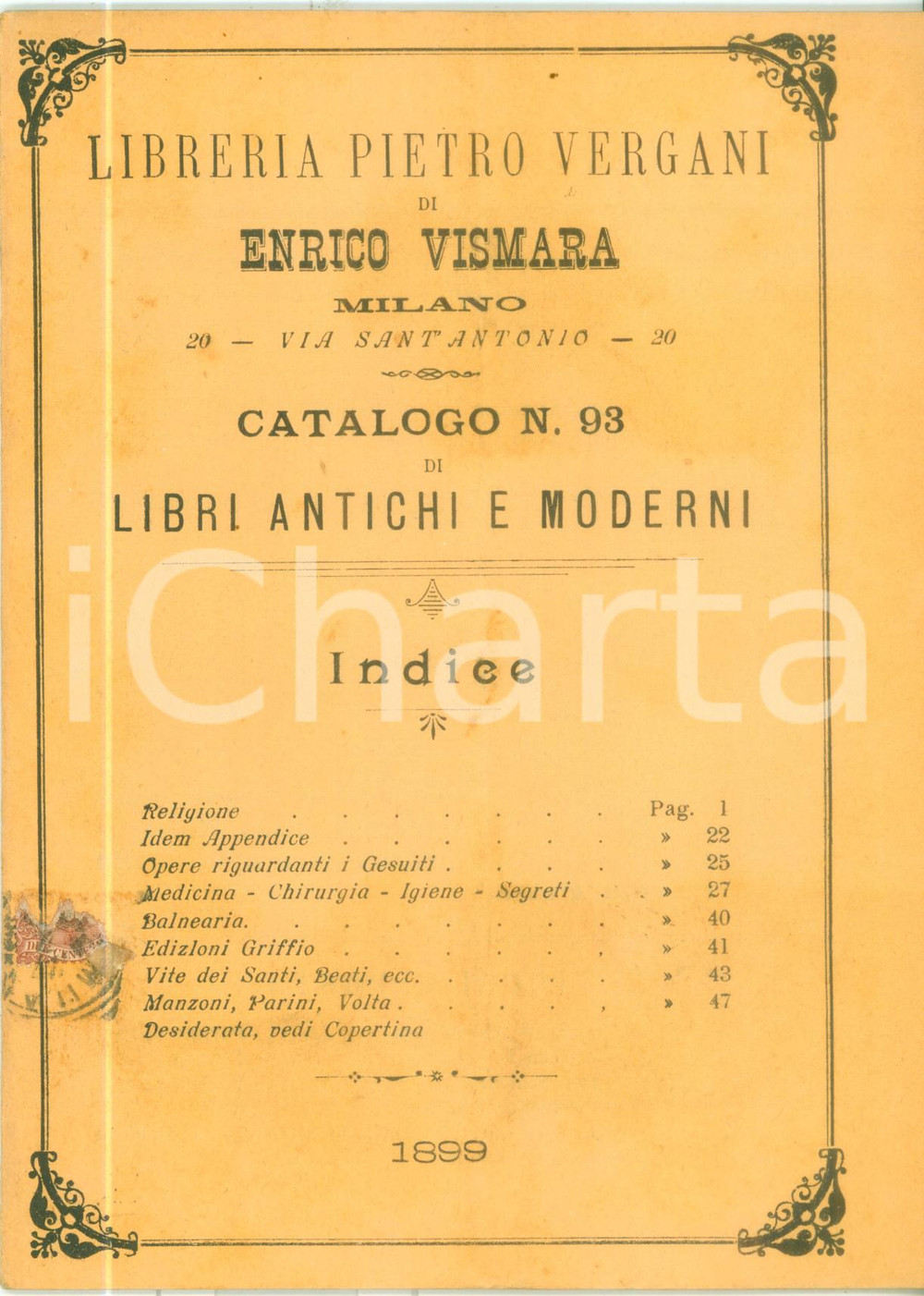Libro, pubblicazione d epoca 1899 TORINO Libreria Pietro VERGANI Catalogo 93 Libri antichi e moderni 1