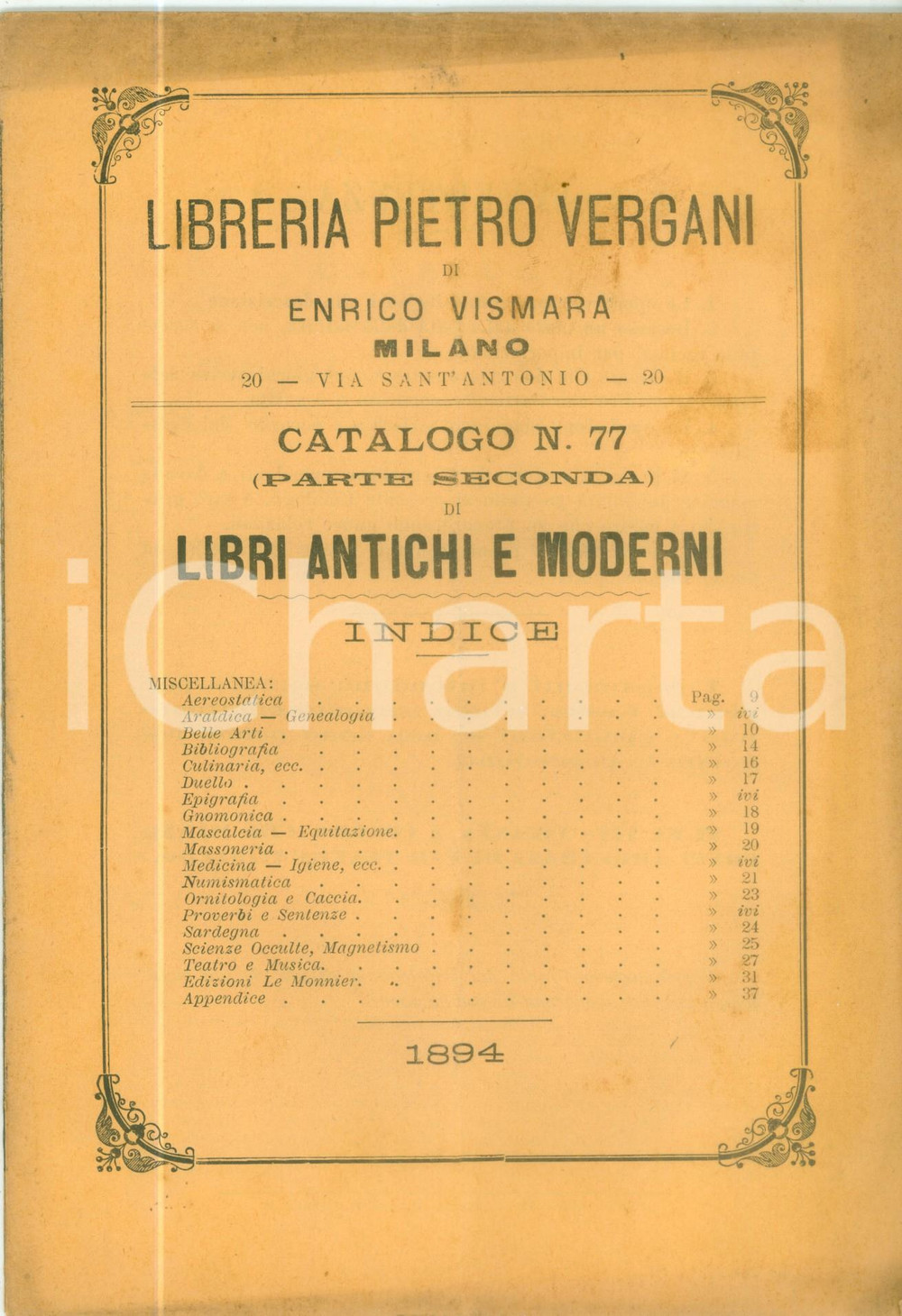 Libro, pubblicazione d epoca 1894 TORINO Libreria Pietro VERGANI Catalogo 77 Libri antichi e moderni 1