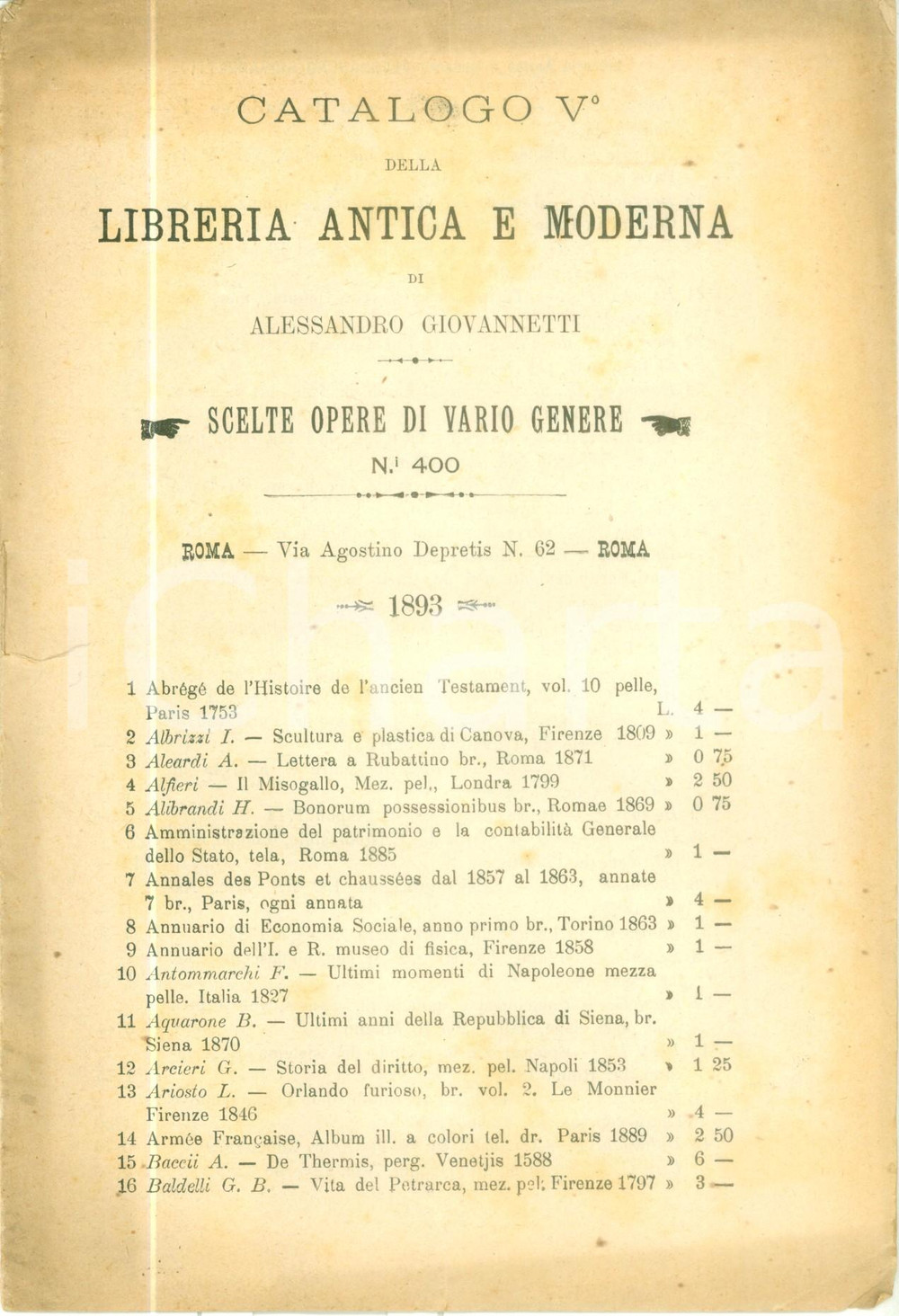Libro, pubblicazione d epoca 1893 ROMA Libreria Alessandro GIOVANNETTI Catalogo scelte opere vario genere 1