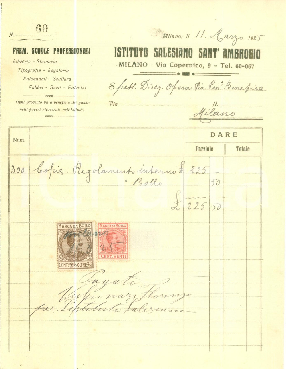 Documento originale, autentico 1925 MILANO Premiate Scuole Professionali Istituto Salesiano SANT AMBROGIO 1