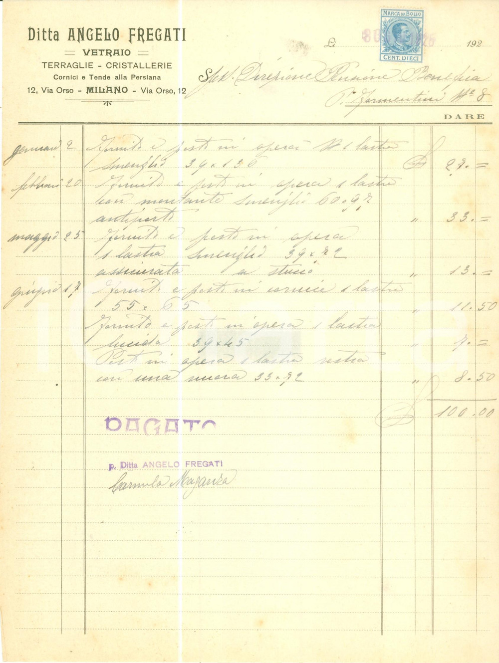 Documento originale, autentico 1925 MILANO Ditta Angelo FREGATI Vetraio terraglie Cristallerie Fattura 1