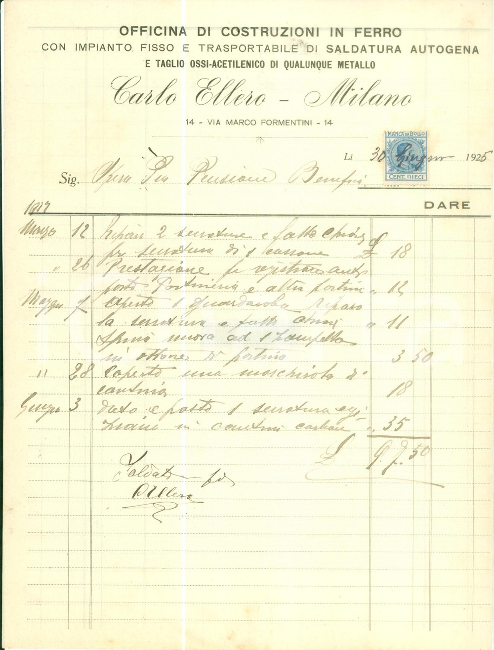 Documento originale, autentico 1925 MILANO Carlo ELLERO officina costruzioni in ferro saldatura Fattura 1