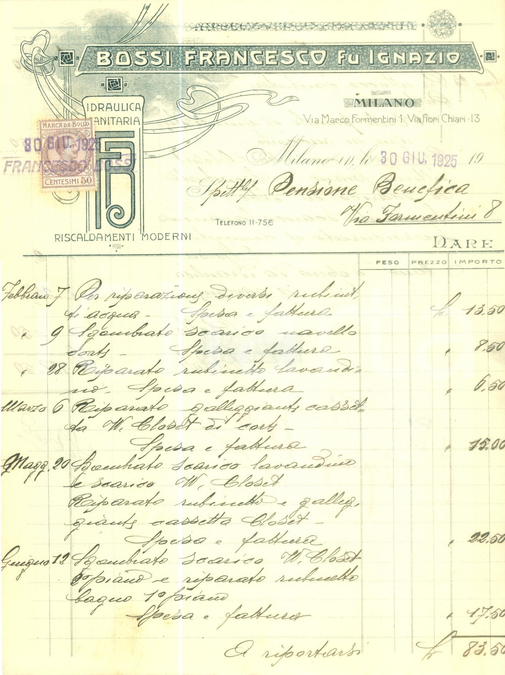 Documento originale, autentico 1925 MILANO Idraulica sanitaria Francesco BOSSI fu Ignazio Fattura intestata 1