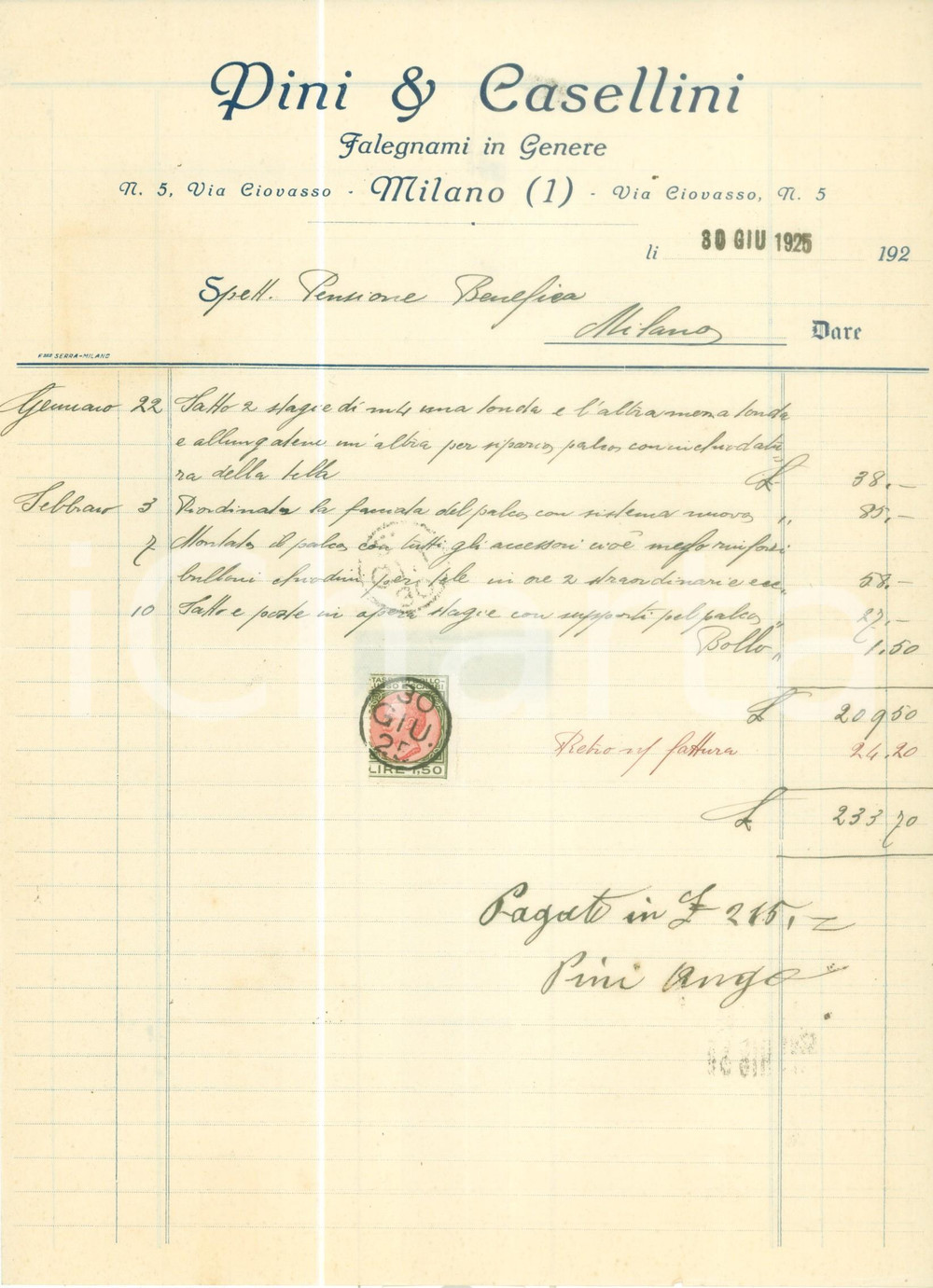 1925 MILANO Falegnami in genere PINI & CASELLINI *Fattura manoscritta