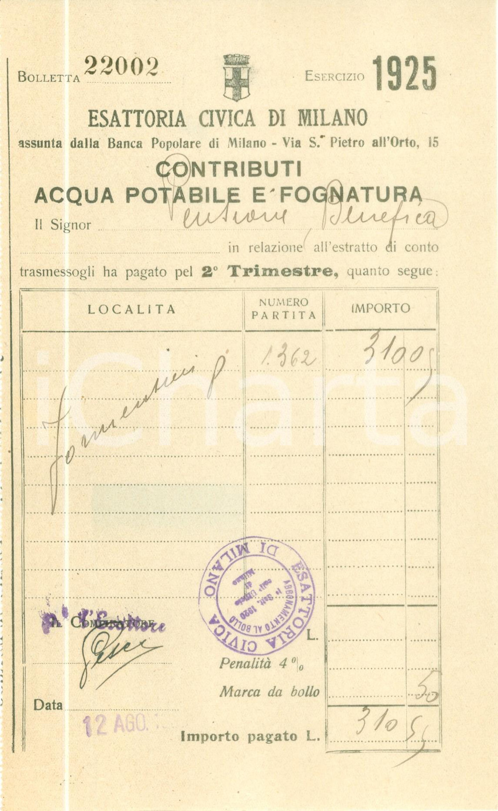 Documento originale, autentico 1925 MILANO Contributi acqua potabile e fognatura Fattura intestata 1