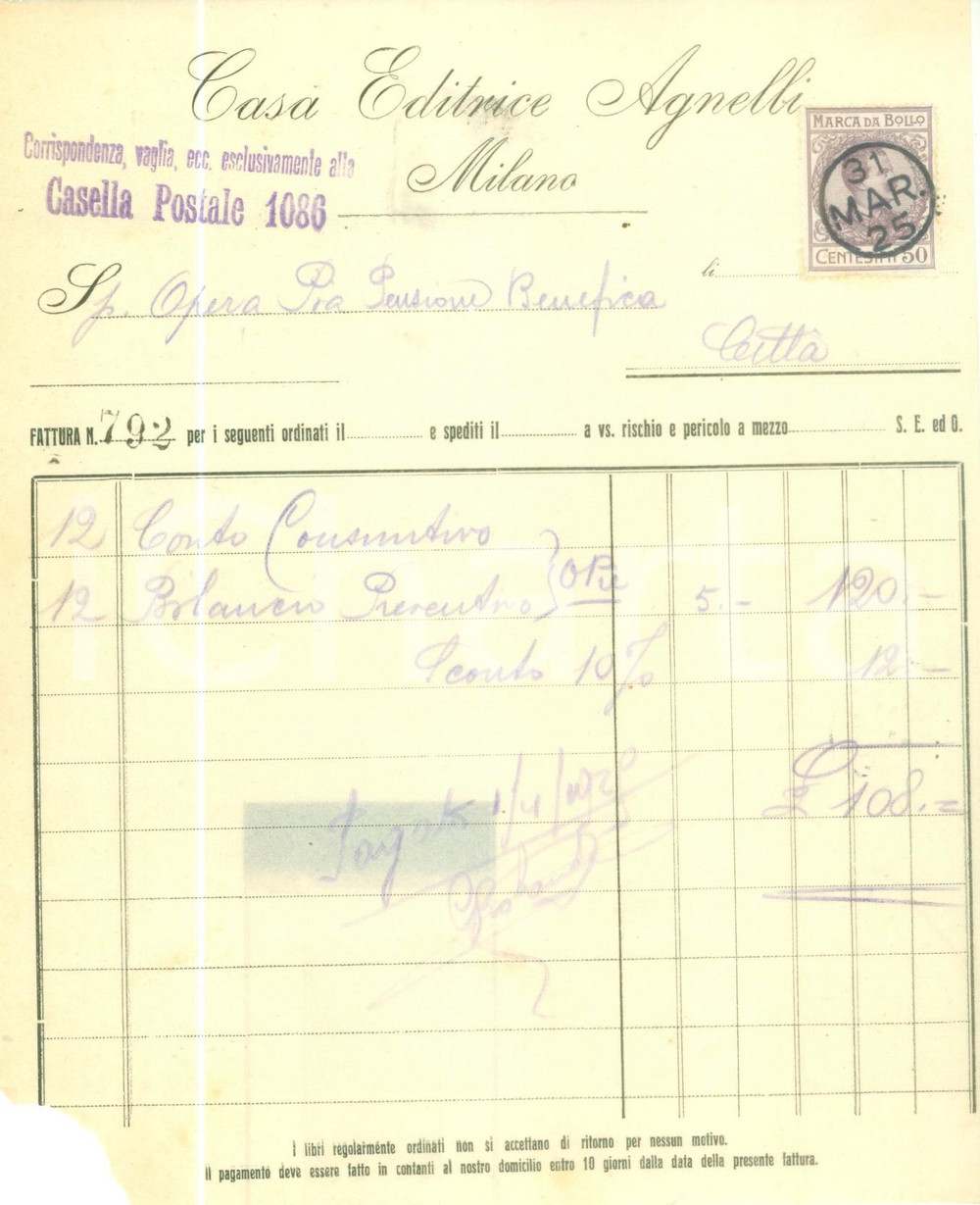 Documento originale, autentico 1925 MILANO Casa Editrice AGNELLI Fattura per registri Documento 1