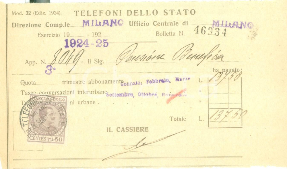 Documento originale, autentico 1925 MILANO Telefoni dello Stato  Bolletta telefonica apparecchio 8049 1