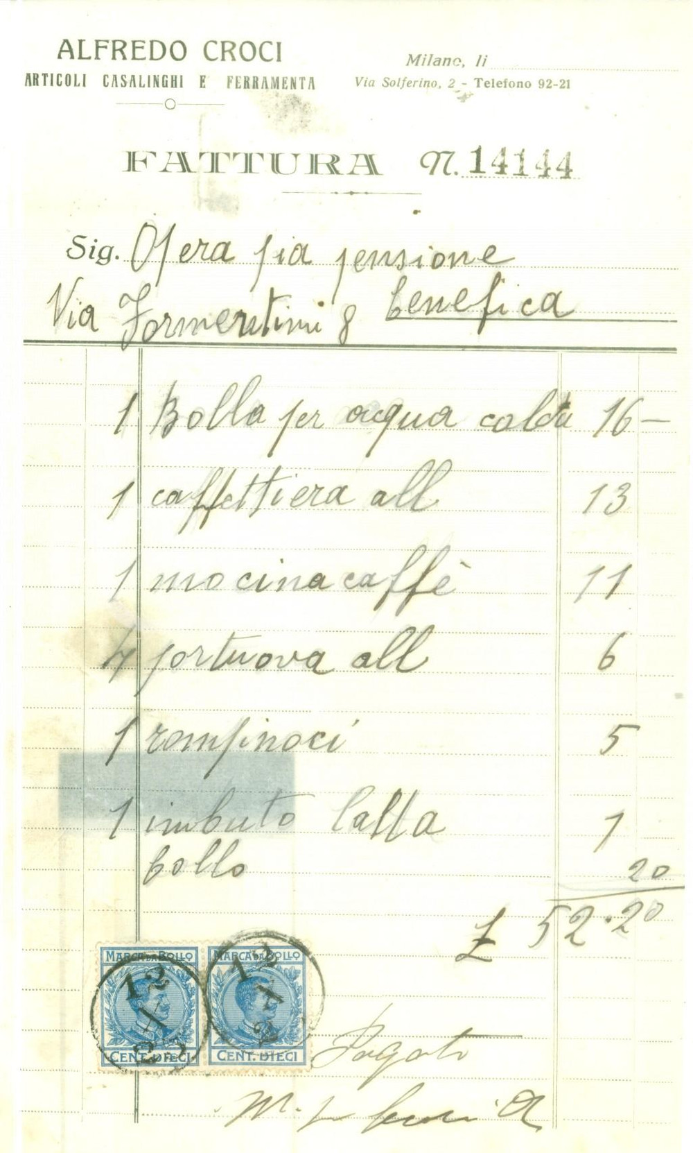 Documento originale, autentico 1925 MILANO Alfredo CROCI Articoli casalinghi e ferramenta Fattura manoscritta 1