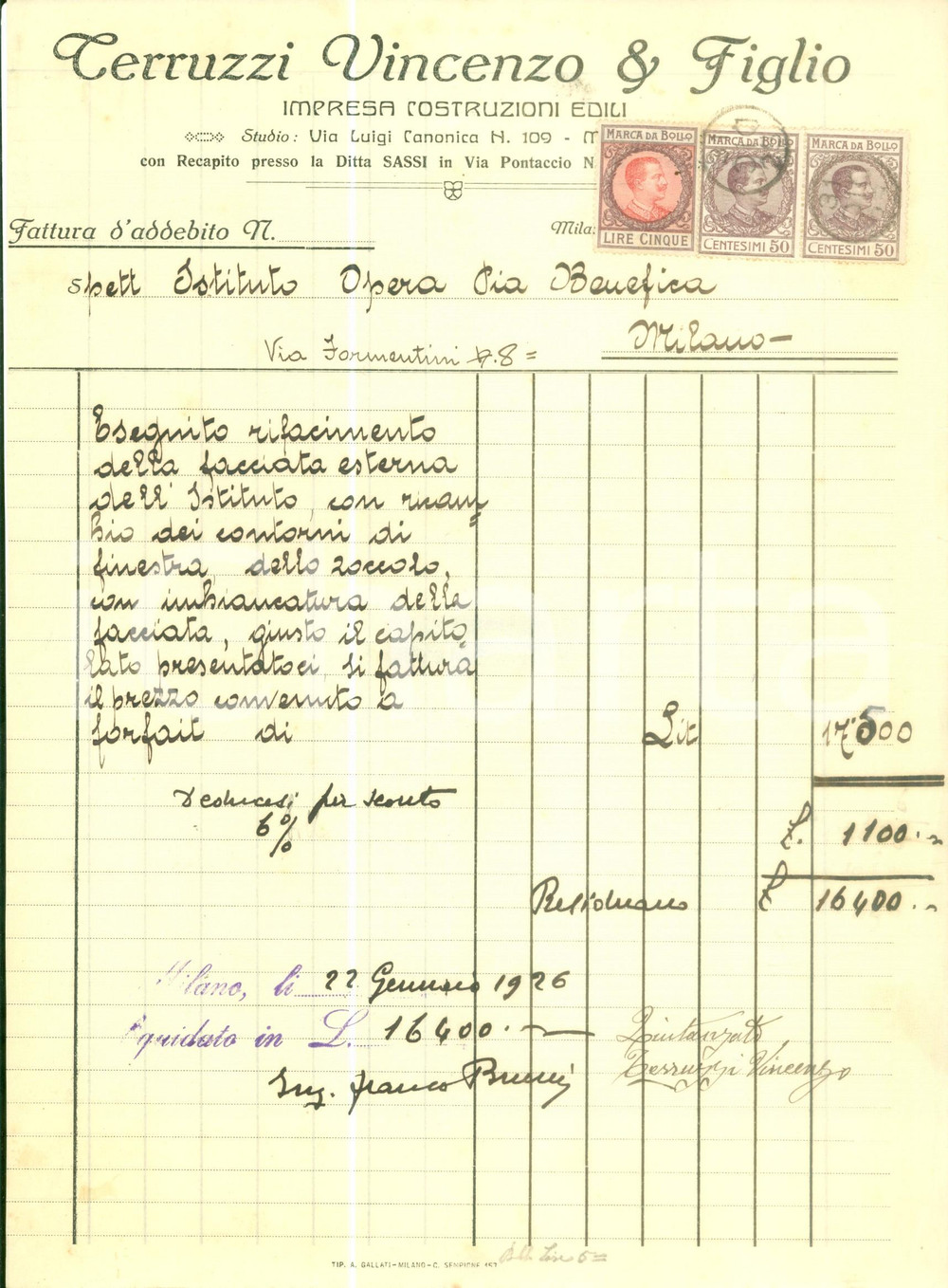 Documento originale, autentico 1926 MILANO Impresa Costruzioni Edili Vincenzo TERRUZZI & Figlio Fattura 1