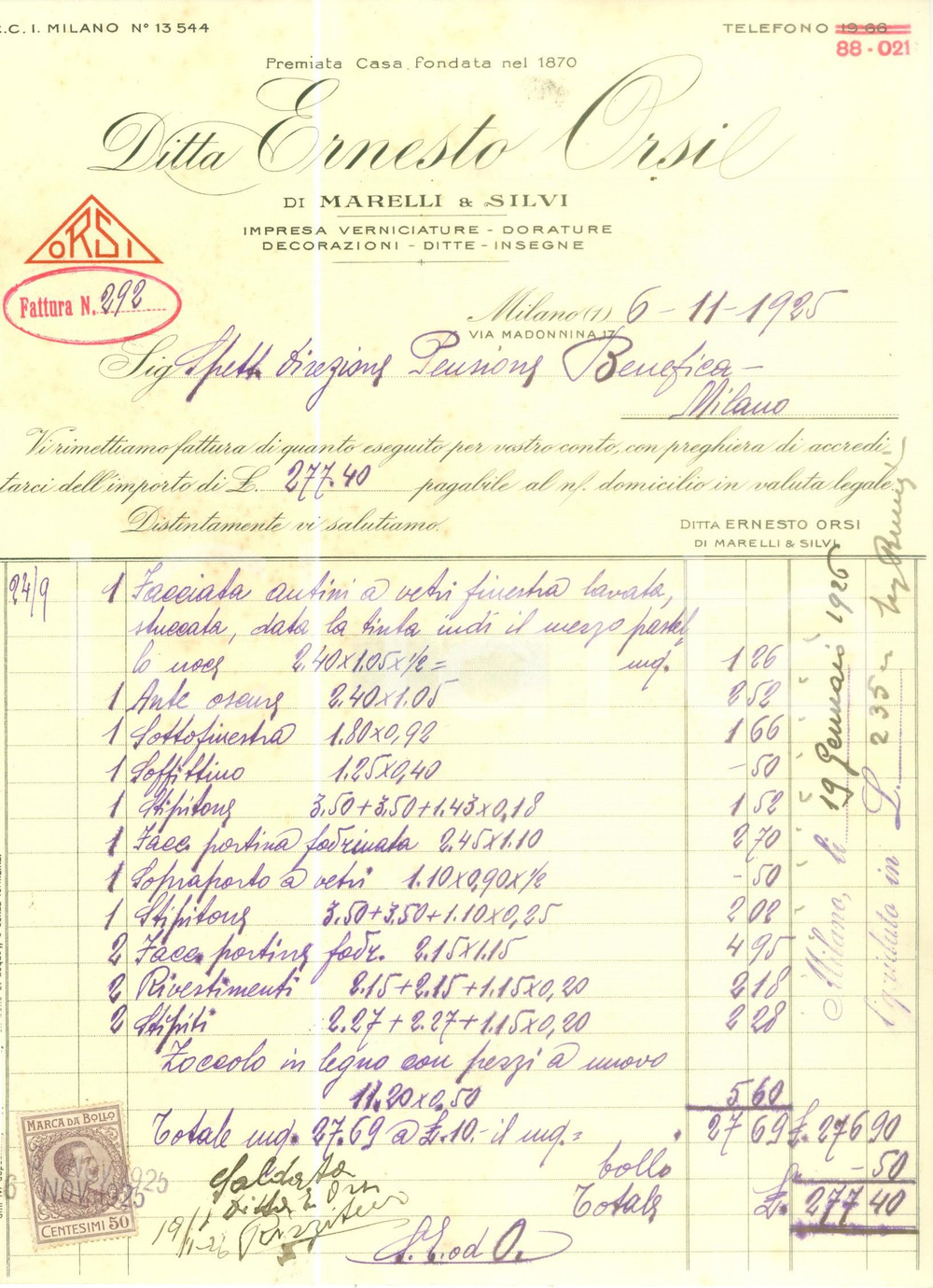 Documento originale, autentico 1925 MILANO Ditta Ernesto ORSI di Marelli & Silvi Verniciature Fattura 1
