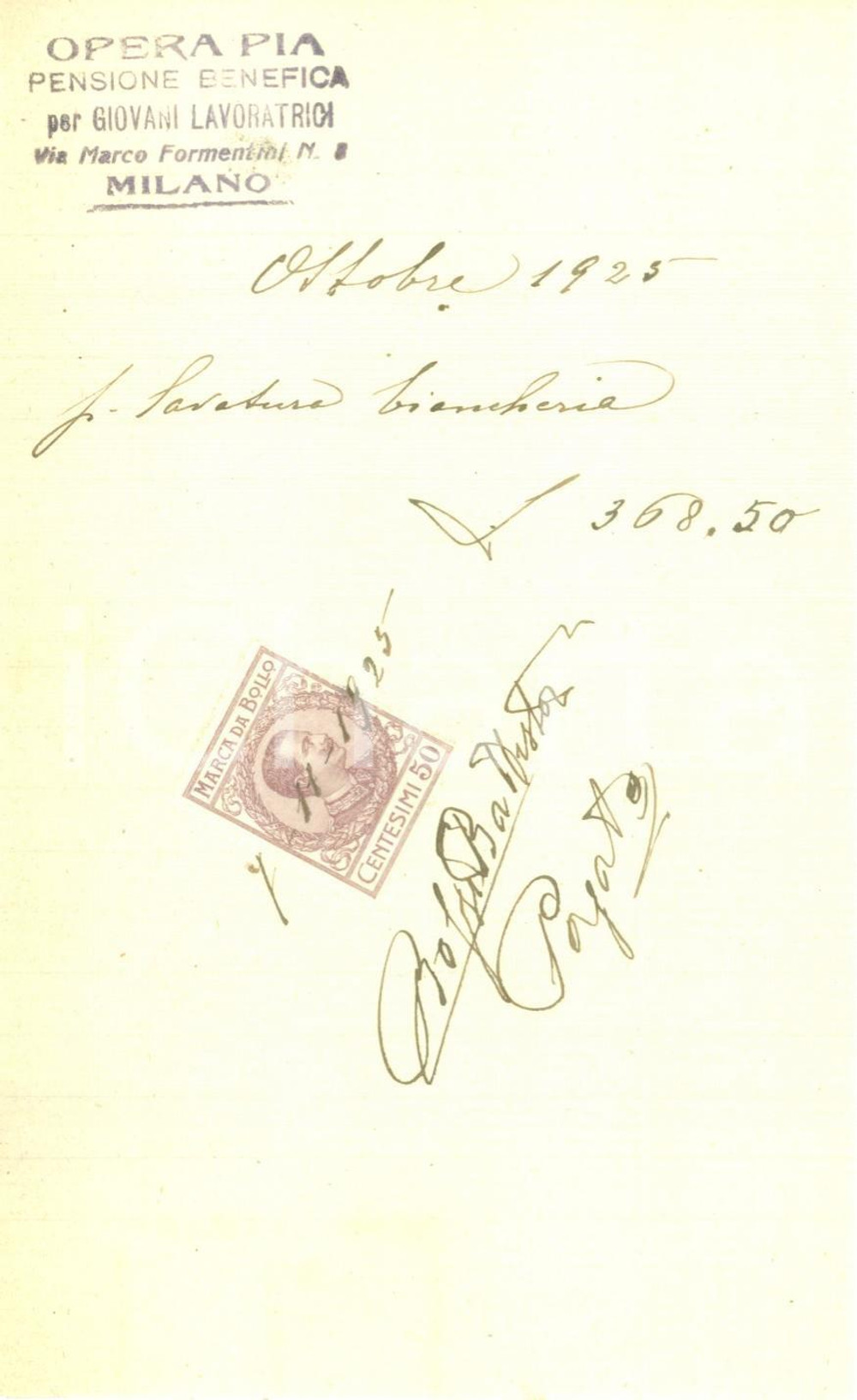 Documento originale, autentico 1925 MILANO Opera Pia Pensione Benefica per Giovani Lavoratrici Fattura 1
