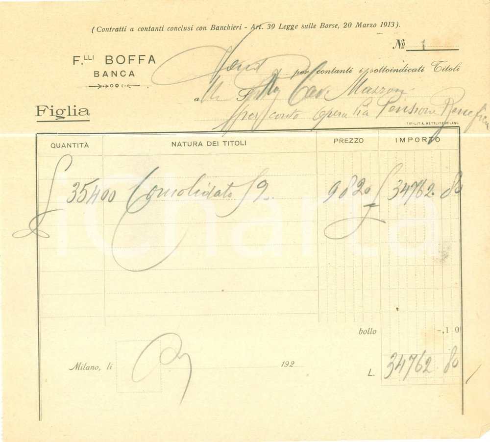Documento originale, autentico 1920 ca MILANO Banca Fratelli BOFFA Ordine di vendita titoli Documento 1