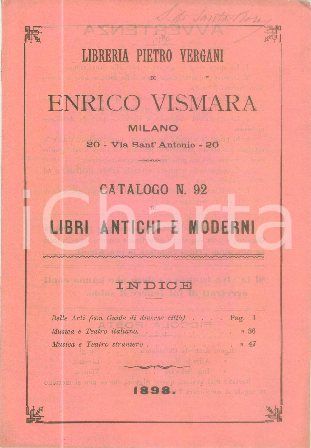 Libro, pubblicazione d epoca 1898 TORINO Libreria Pietro VERGANI Catalogo 92 Libri antichi e moderni 1