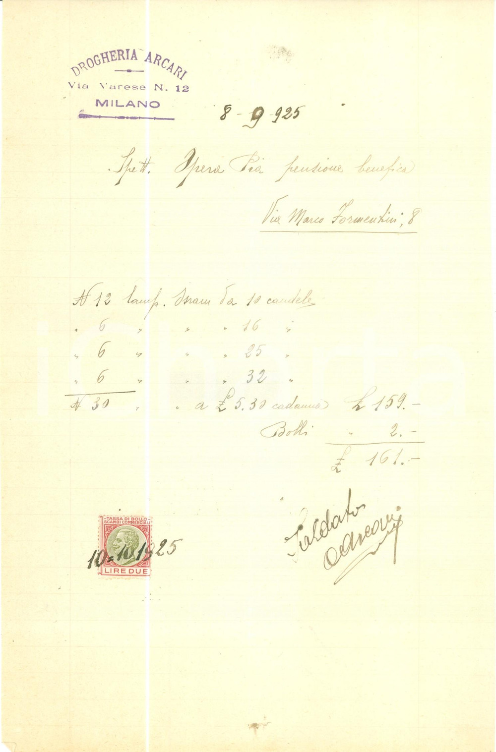 Documento originale, autentico 1925 MILANO Drogheria ARCARI Fattura per acquisto di candele 1