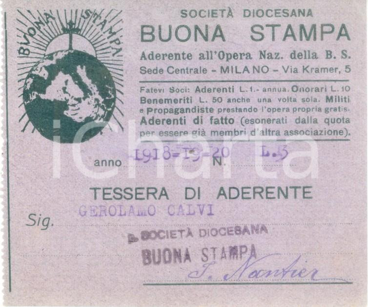 Oggetto da collezione cartaceo 1918 MILANO Società Diocesana Buona Stampa tesser 1