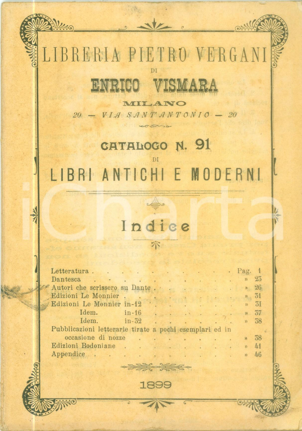 Libro, pubblicazione d epoca 1899 TORINO Libreria Pietro VERGANI Catalogo 91 Libri antichi e moderni 1