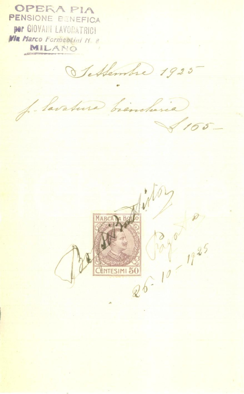 Documento originale, autentico 1925 MILANO Opera Pia Pensione benefica per Giovani Lavoratrici DANNEGGIATO 1