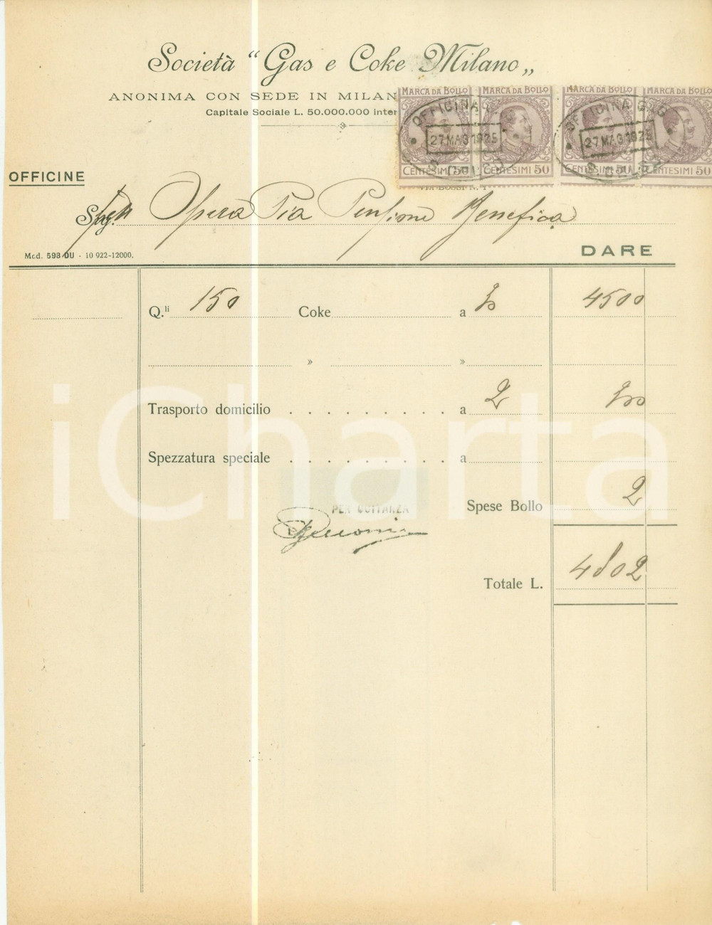 Documento originale, autentico 1925 MILANO SocietÃ  Gas e Coke Fattura commerciale intestata 1