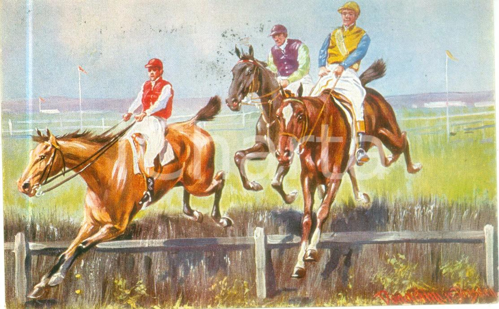Cartolina originale da collezione 1929 IPPICA Gara di salto all ostacolo Cartolina postale ILLUSTRATA FP VG 1
