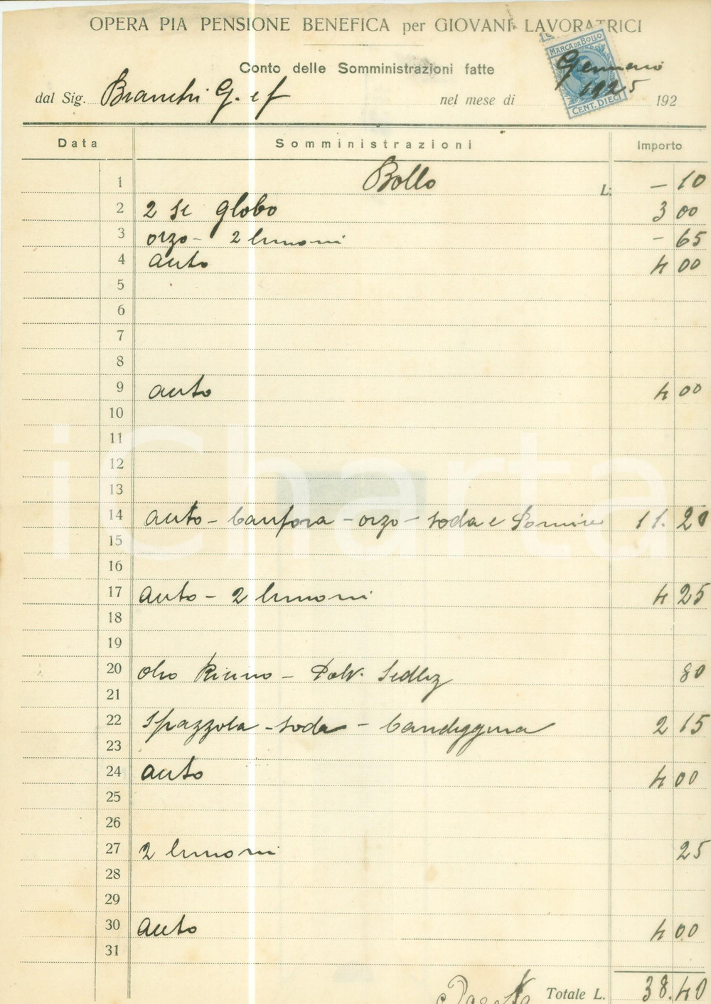 Documento originale, autentico 1925 MILANO Opera Pia Pensione Benefica Giovani Lavoratrici Fattura manoscritta 1