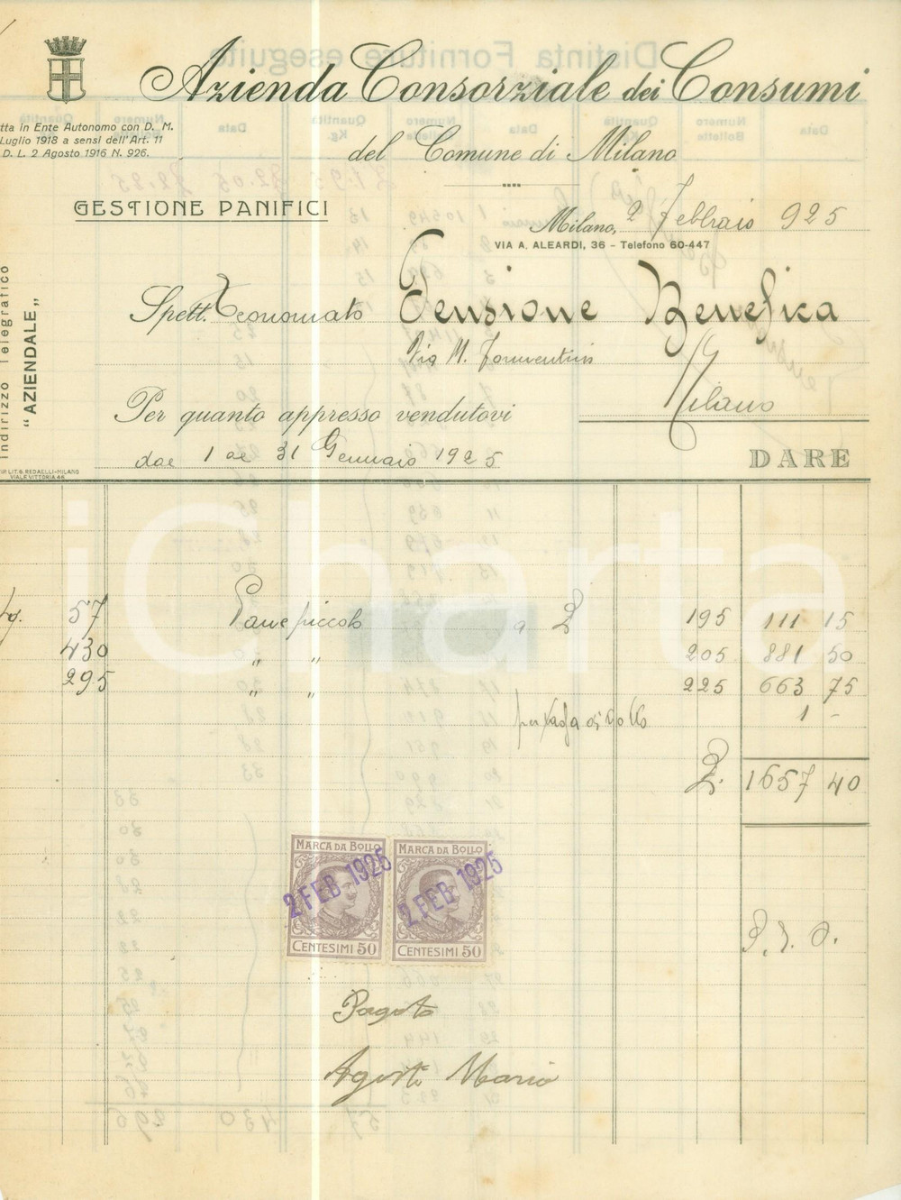 Documento originale, autentico 1925 MILANO Azienda Consorziale dei Consumi Gestione panifici Fattura 1