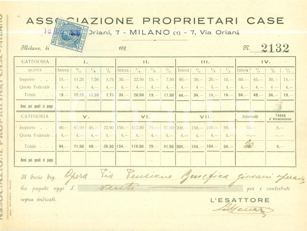 Documento originale, autentico 1925 MILANO Associazione Proprietari Case Pagamento spese condominio Ricevuta 1