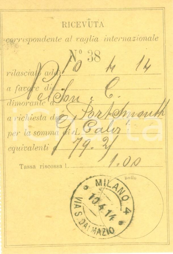 Documento originale, autentico 1914 MILANO STORIA POSTALE Ricevuta per vaglia internazionale 1