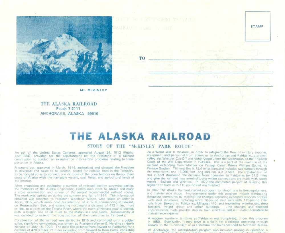 Materiale pubblicitario d’epoca 1980 ca THE ALASKA RAILROAD Story of the McKINLEY PARK ROUTE Opuscolo 1