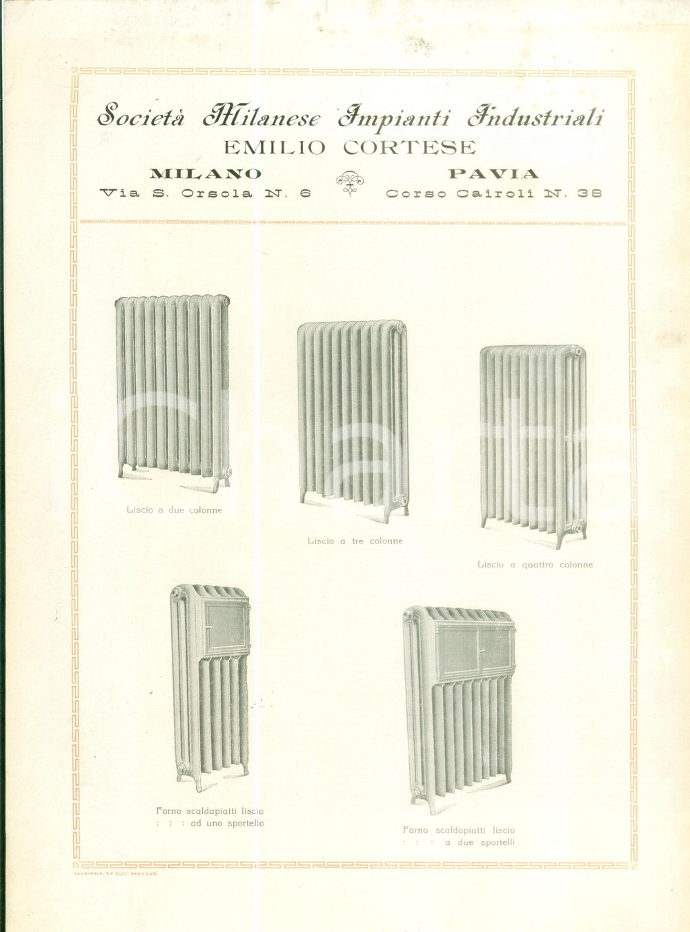 Materiale pubblicitario d’epoca 1940 ca MILANO Società Milanese Impianti Industriali Termosifoni Emilio CORTESE 1