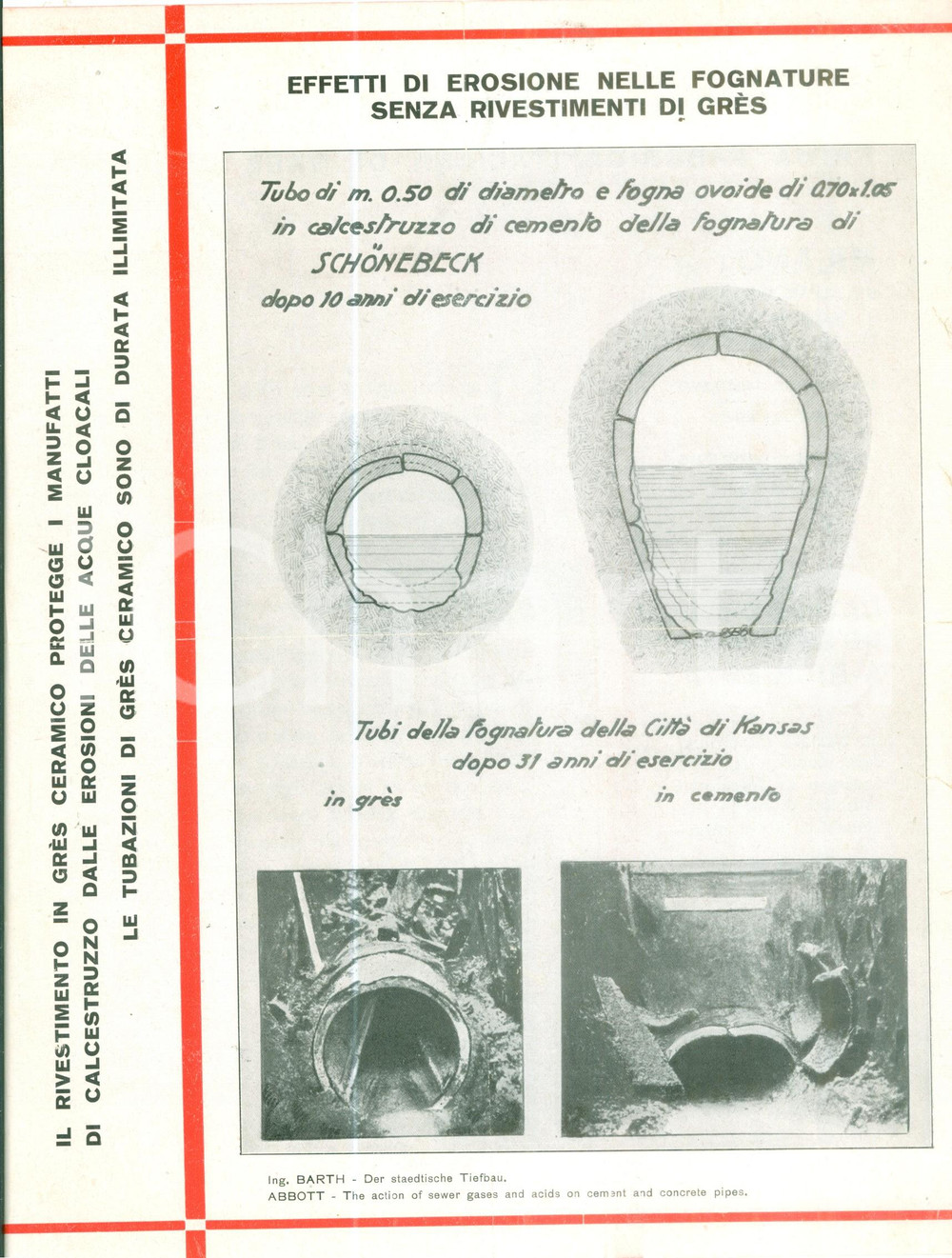 Materiale pubblicitario d’epoca 1935 SOCIETA  DEL GRES Erosione fognature senza rivestimenti di grès ILLUSTRATO 1