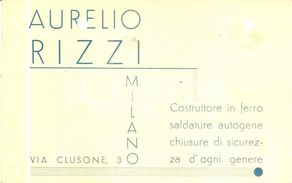 Documento originale, autentico 1940 MILANO Aurelio RIZZI Costruttore ferro saldature Cartoncino pubblicitario 1
