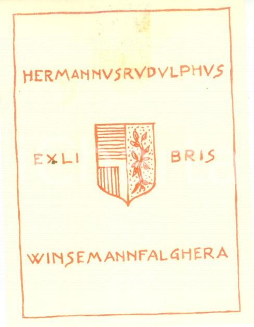 Oggetto da collezione cartaceo 1940 ca Hermann Rudolph WINSEMANN FALGHERA Ex Libris in rosso cm 6 x 8 1