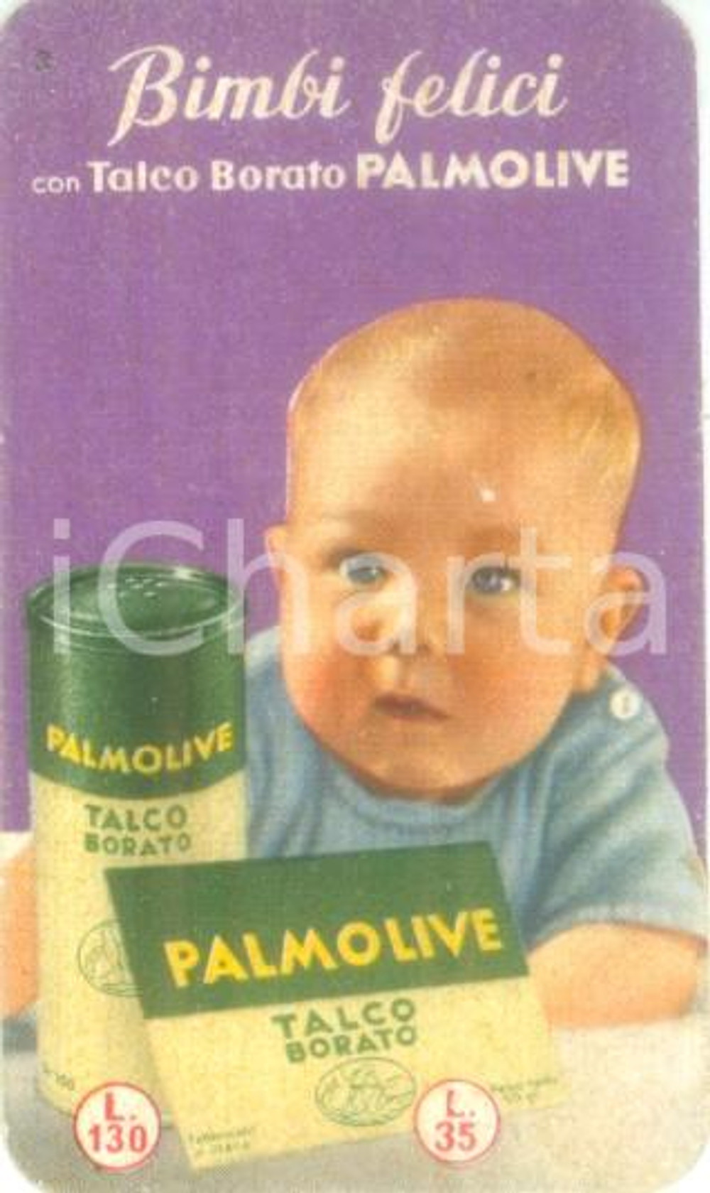 Materiale pubblicitario d’epoca 1935 ca PALMOLIVE Bimbi felici con talco borato Cartoncino pubblicitario 4 x 7 1