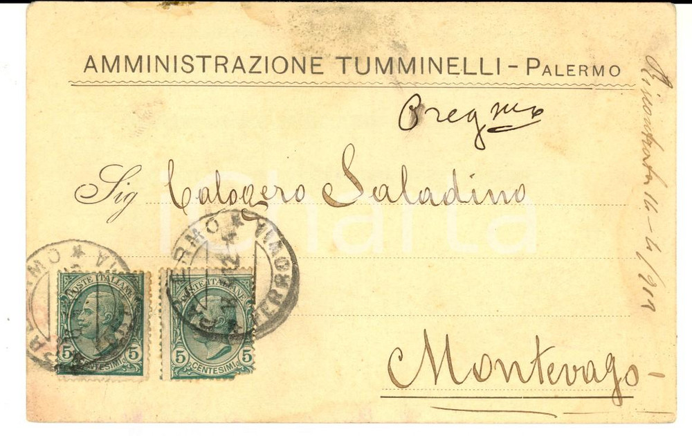 Manoscritto, lettera originale 1912 PALERMO Amministrazione TUMMINELLI ringrazia per galline e mandorle 1