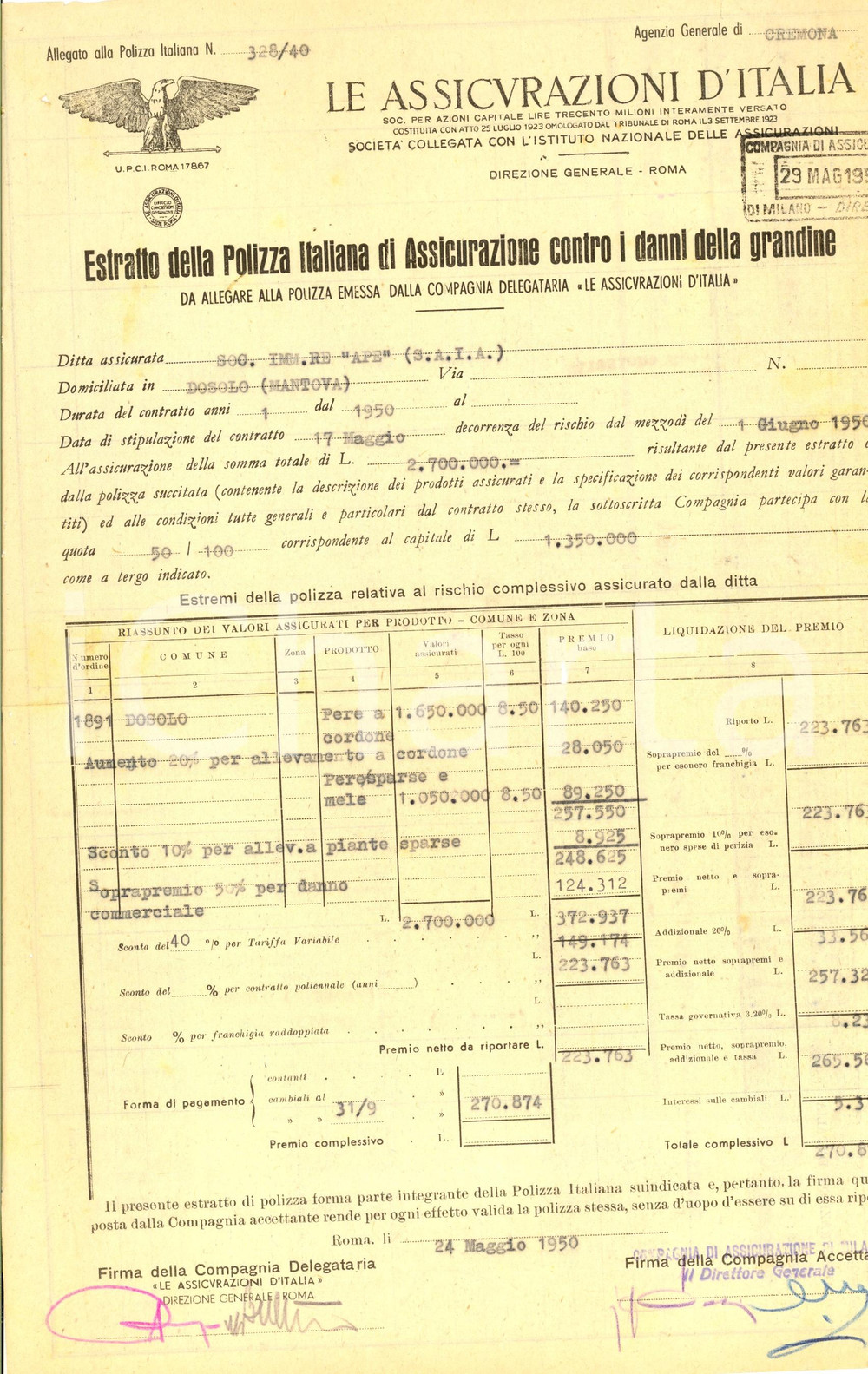 Documento originale, autentico 1950 DOSOLO MN ASSICURAZIONI D ITALIA Estratto polizza per danni grandine 1