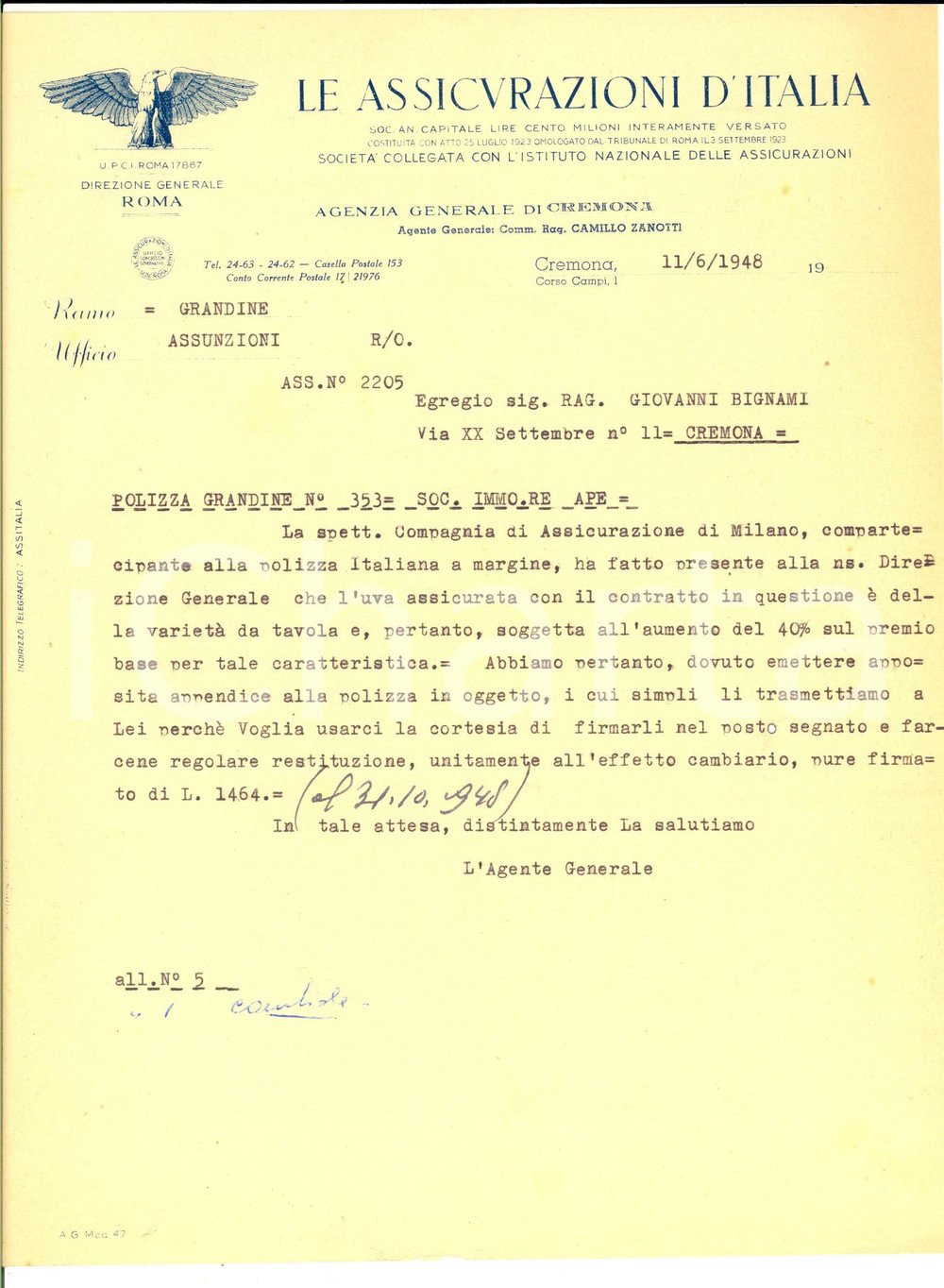 Documento originale, autentico 1948 CREMONA ASSICURAZIONI D ITALIA Aumento premio per uva da tavola Lettera 1