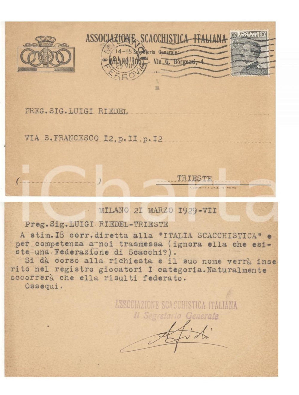Cartolina originale da collezione 1929 MILANO Associazione SCACCHISTICA Italiana  Cartolina Alberto FIDI a socio 1