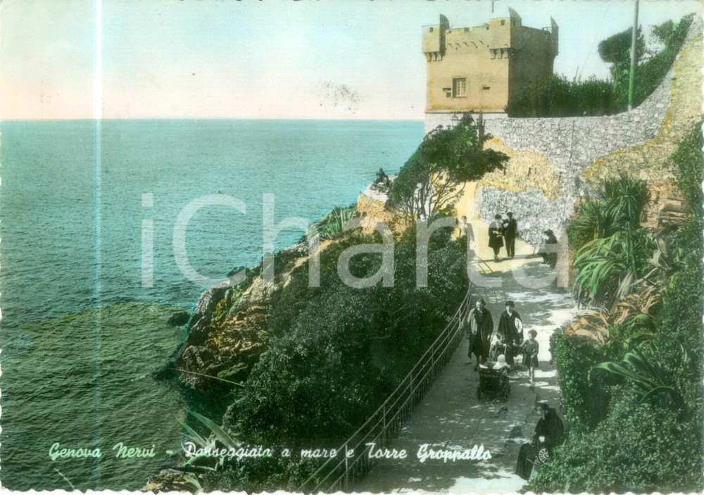 Cartolina originale da collezione 1952 GENOVA NERVI Passeggiata a mare e Torre GROPPALLO Cartolina ANIMATA FG VG 1