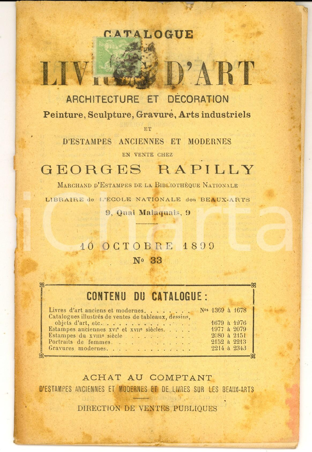 Giornale, rivista storica 1899 PARIS Catalogue livres d art en vente chez Georges RAPILLY Catalogo 33 1