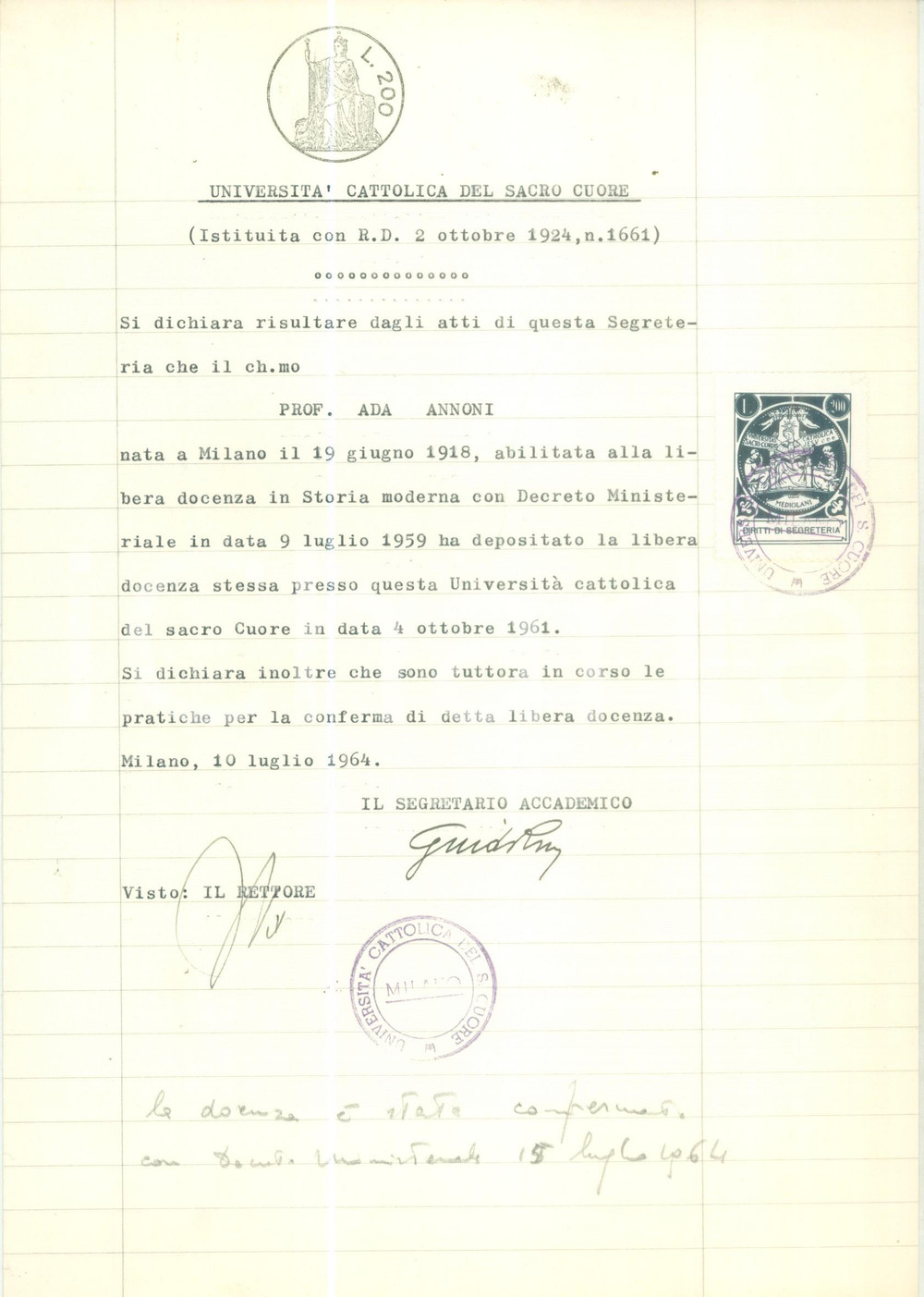 Documento originale, autentico 1964 MILANO Ada ANNONI Libera docenza all UniversitÃ  Cattolica Documento 1