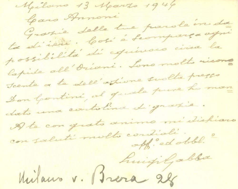 Autografo originale 1946 MILANO Astronomo Luigi GABBA invia ringraziamento Biglietto AUTOGRAFO 1
