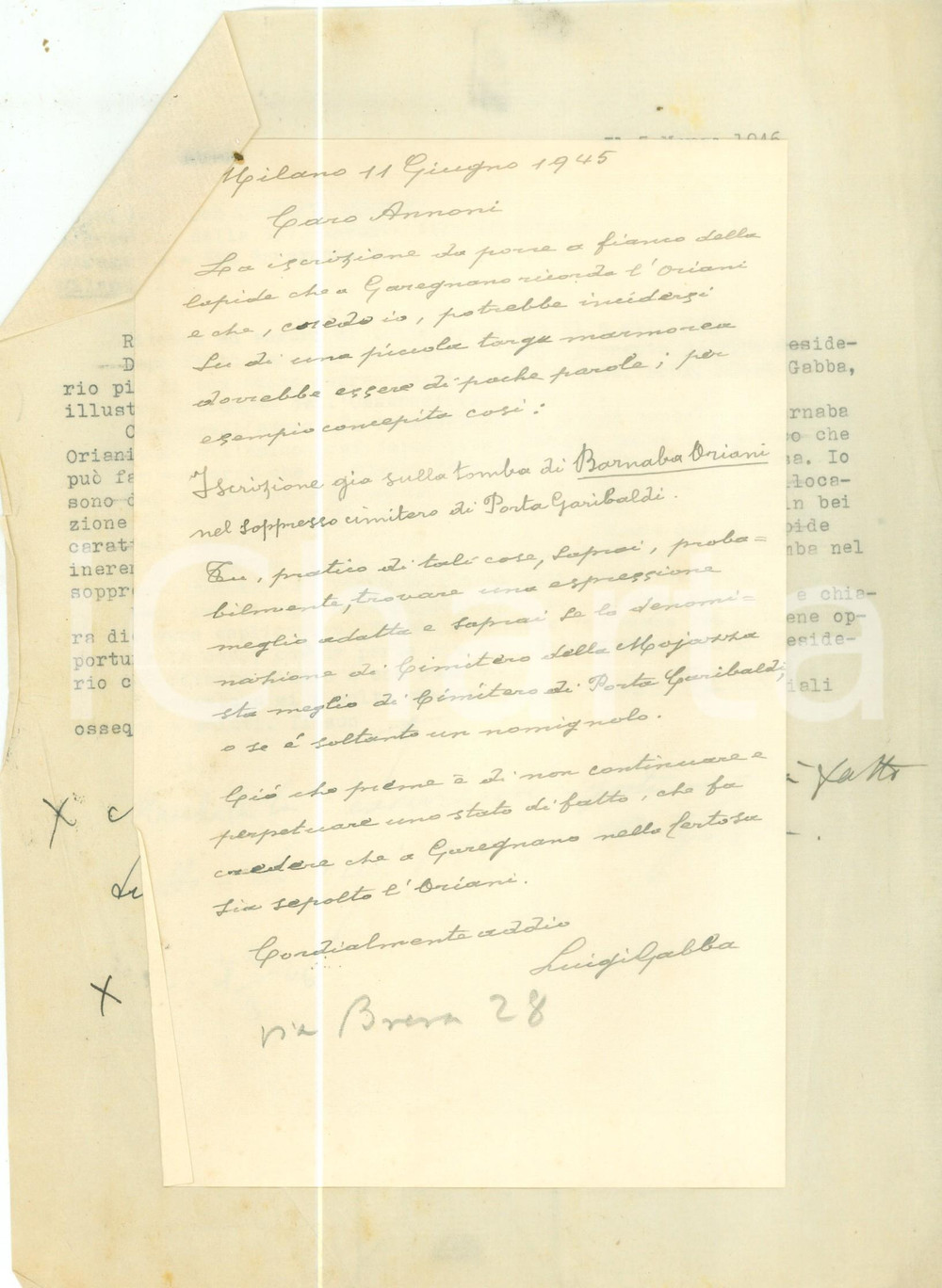 Autografo originale 1946 MILANO Astronomo Luigi GABBA su lapide Barnaba ORIANI Biglietto AUTOGRAFO 1