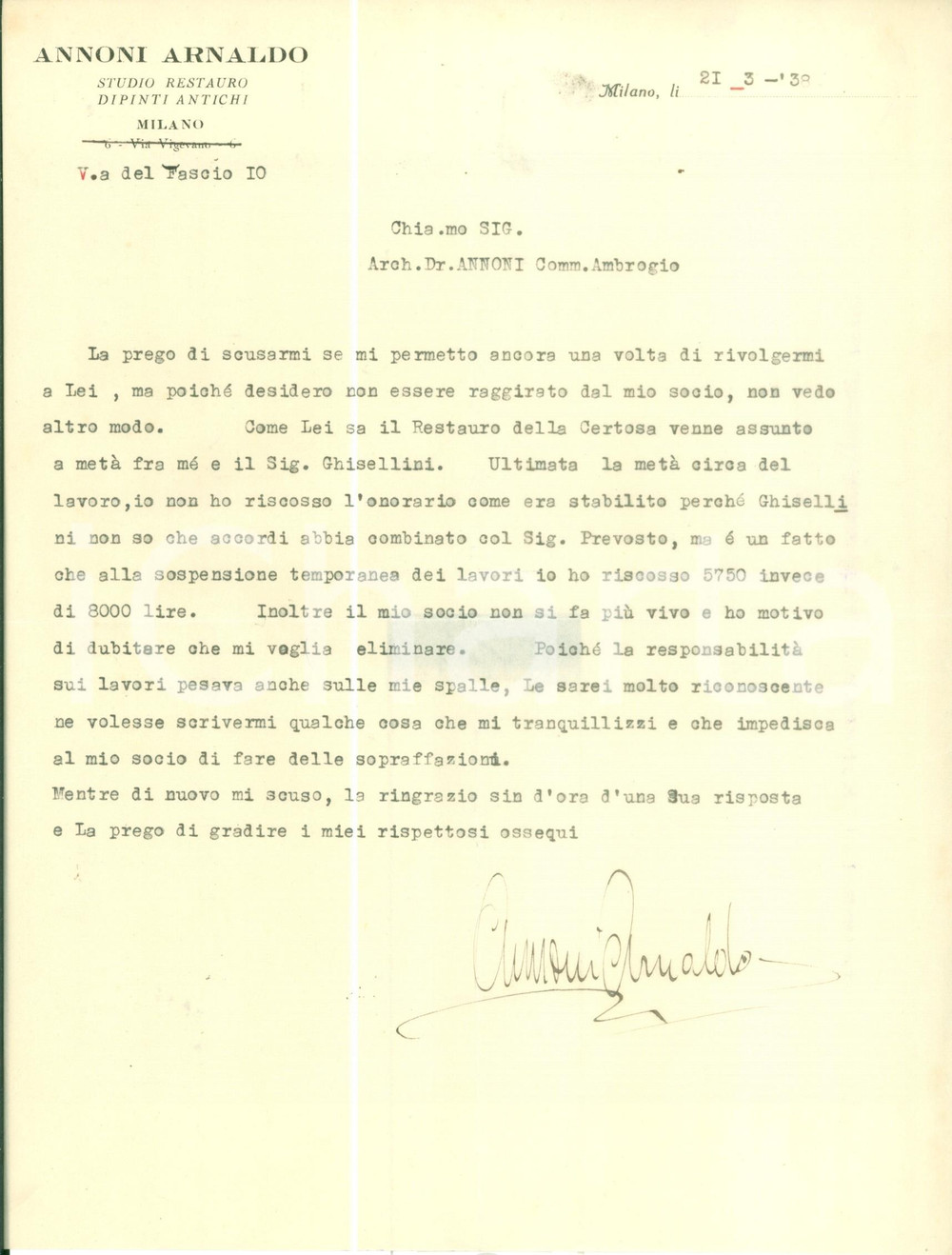 Documento originale, autentico 1938 MILANO Arnaldo ANNONI Studio restauro dipinti sollecita pagamento Lettera 1