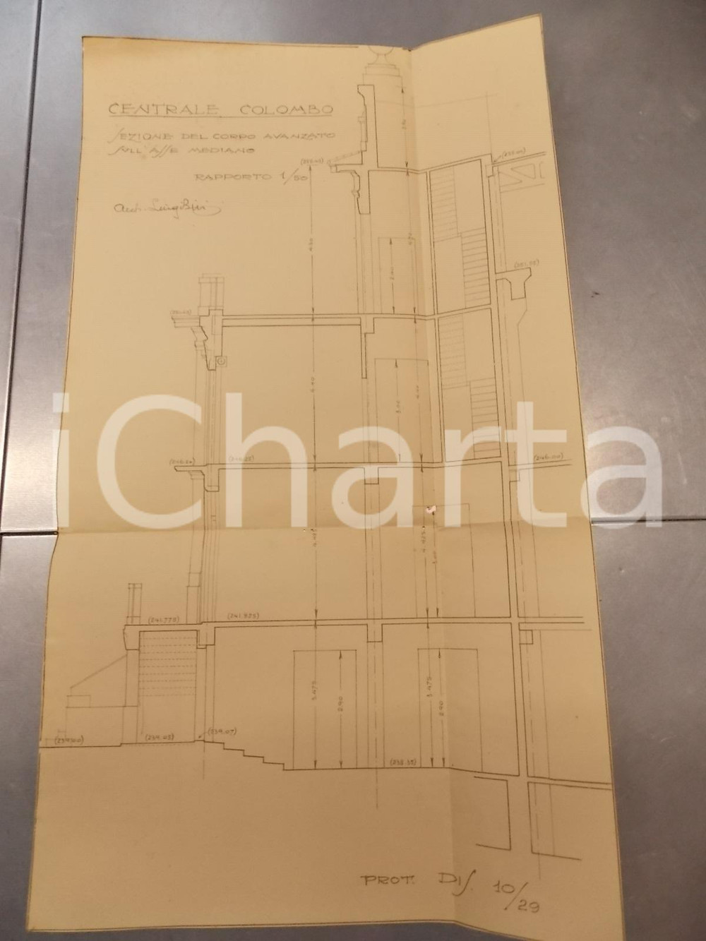 Mappa, planimetria storica 1935 ca MILANO Centrale COLOMBO Progetto corpo avanzato Architetto Luigi BIRI 1