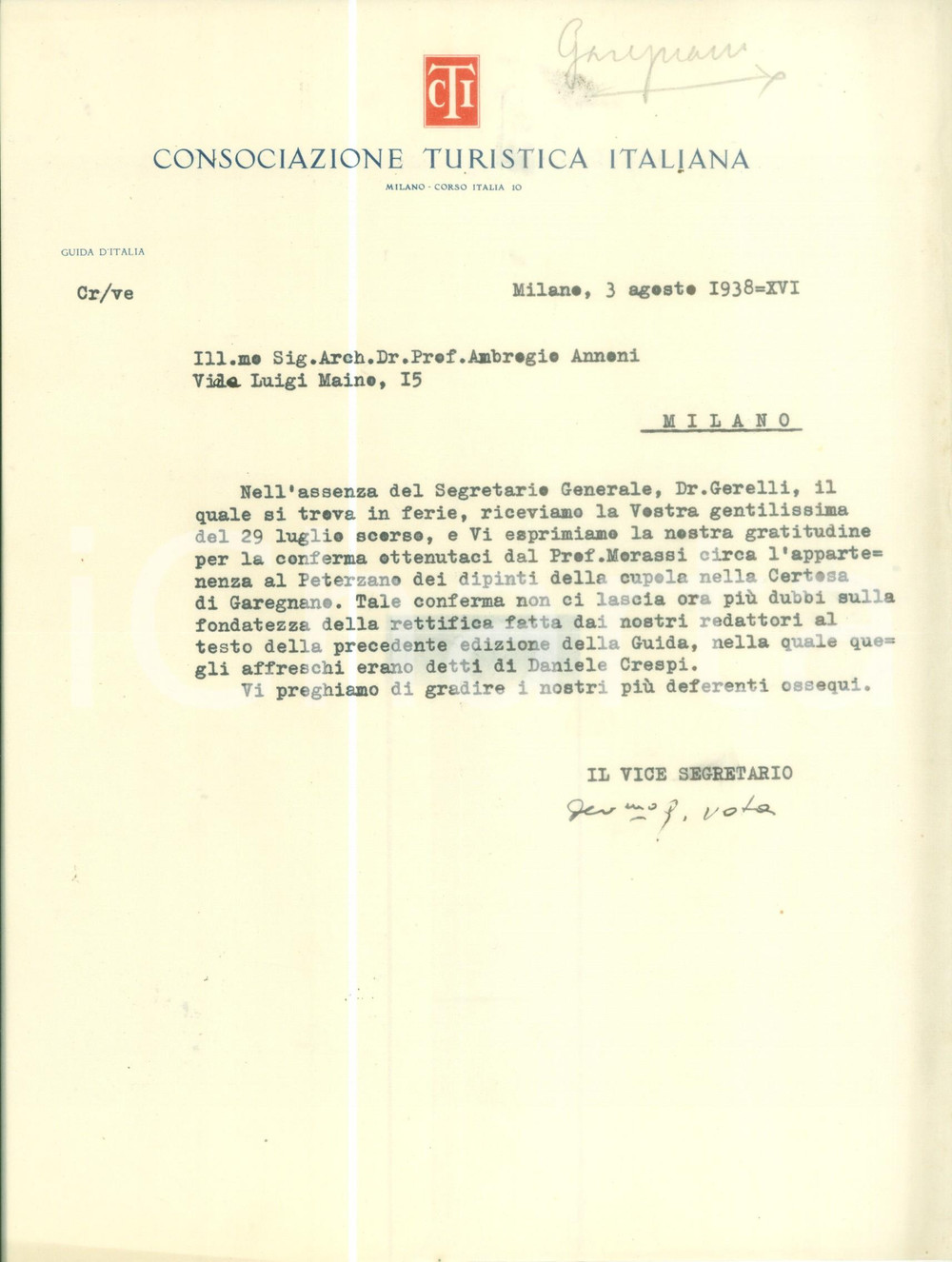 Autografo originale 1938 MILANO Giuseppe VOTA su affreschi del PETERZANO Lettera CON AUTOGRAFO 1