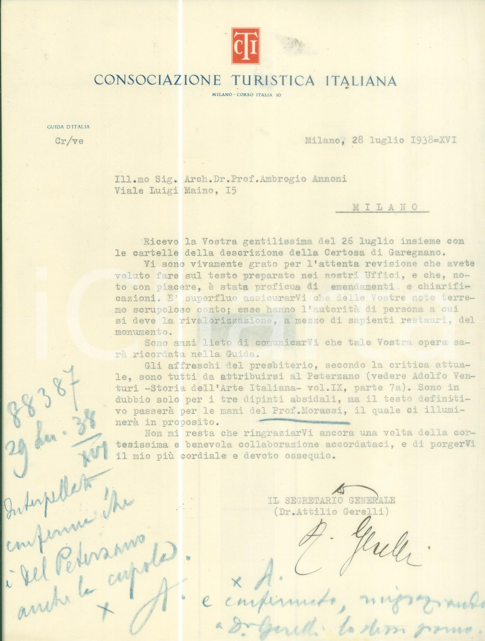 Autografo originale 1938 MILANO Attilio GERELLI su affreschi del PETERZANO Lettera CON AUTOGRAFO 1
