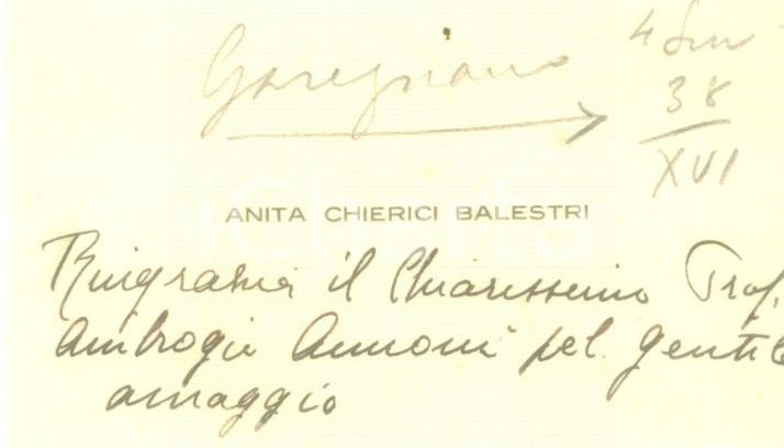 Autografo originale 1938 MILANO Anita CHIERICI BALESTRI ringraziamento Biglietto AUTOGRAFO 1